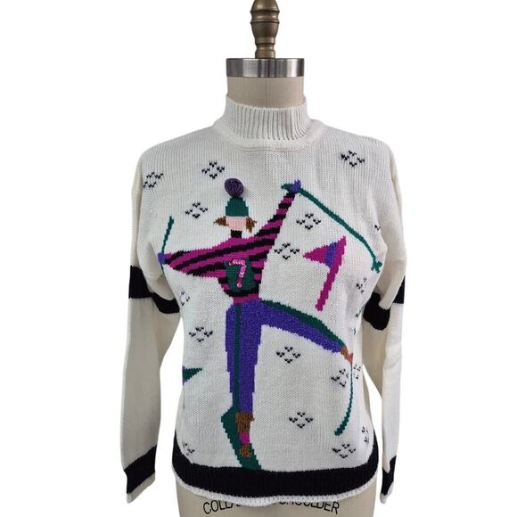 VTG 80s 90s Y2K Spice It Up 100% Acrylic Sweater White Colorful Skier Women L - Picture 1 of 5